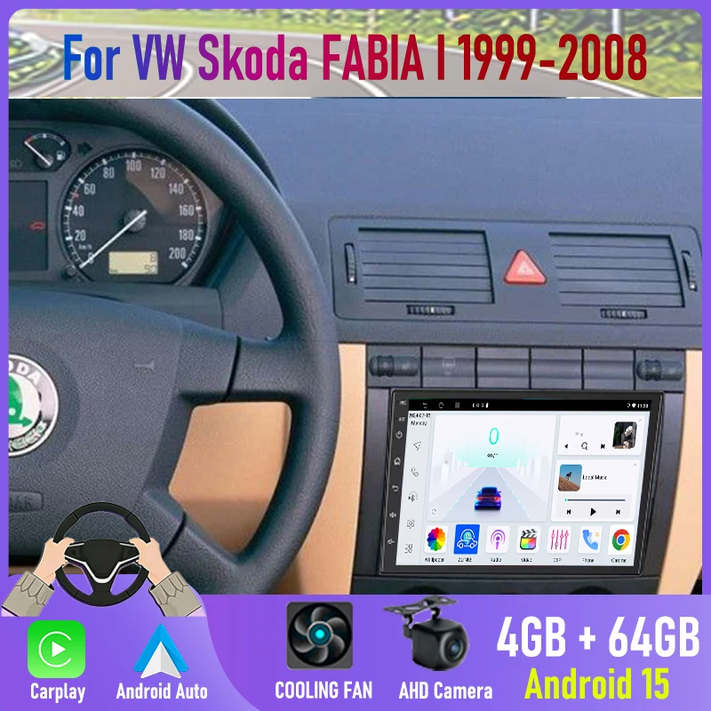 

7'' For VW Skoda FABIA I 1999-2008 Car Radio Stereo Android 15 Auto Navi CarPlay Rear Camera Head Unit GPS BT Google Map Wifi