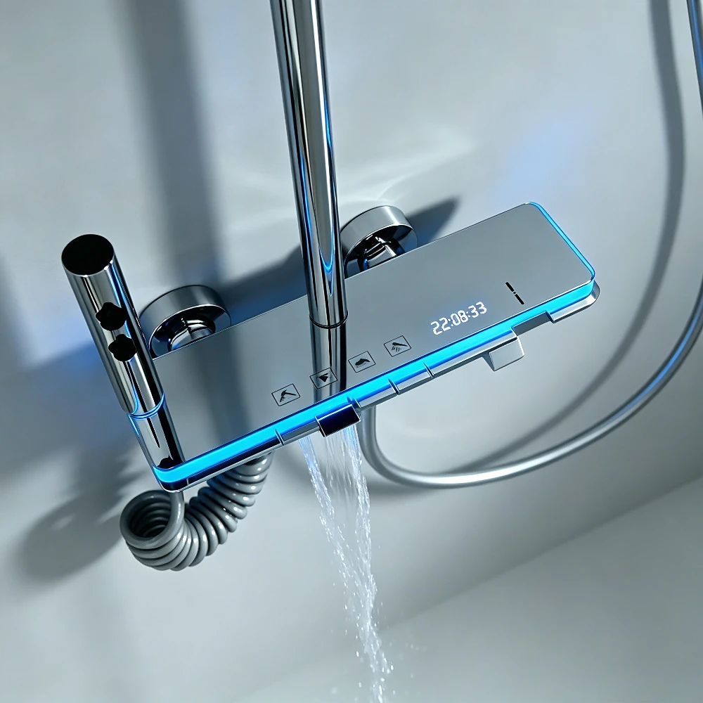 4-way Rainlfall Showers System Smart Digital Bathroom Shower Faucet Set Temperature Display Shower Crane with Hand Shower Set