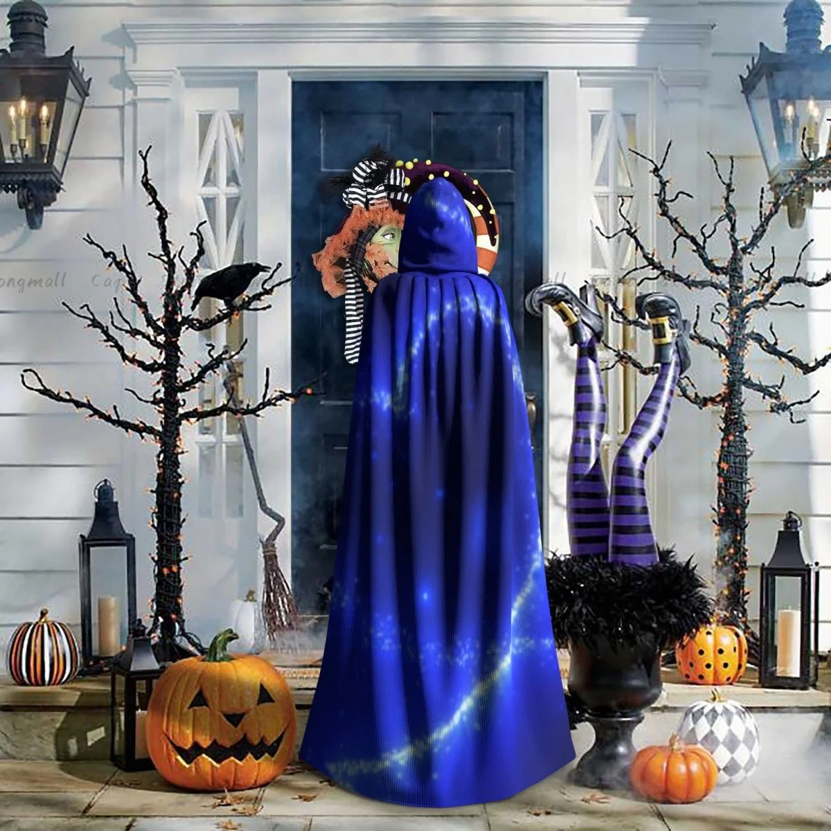 Adult Vampire Cape Hooded Robe Abstract Heart Love Blue Halloween Cloak Full Length Cosplay