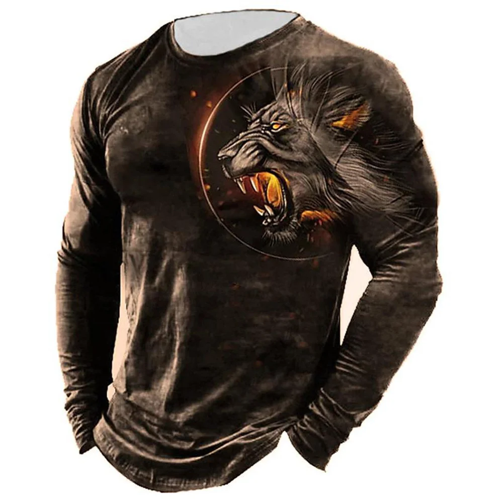 2023 Men\'s Retro T -shirt Men\'s long -sleeved 3D lion print oversized clothes o Neck casual T -shirt men\'s T -shirt street cloth