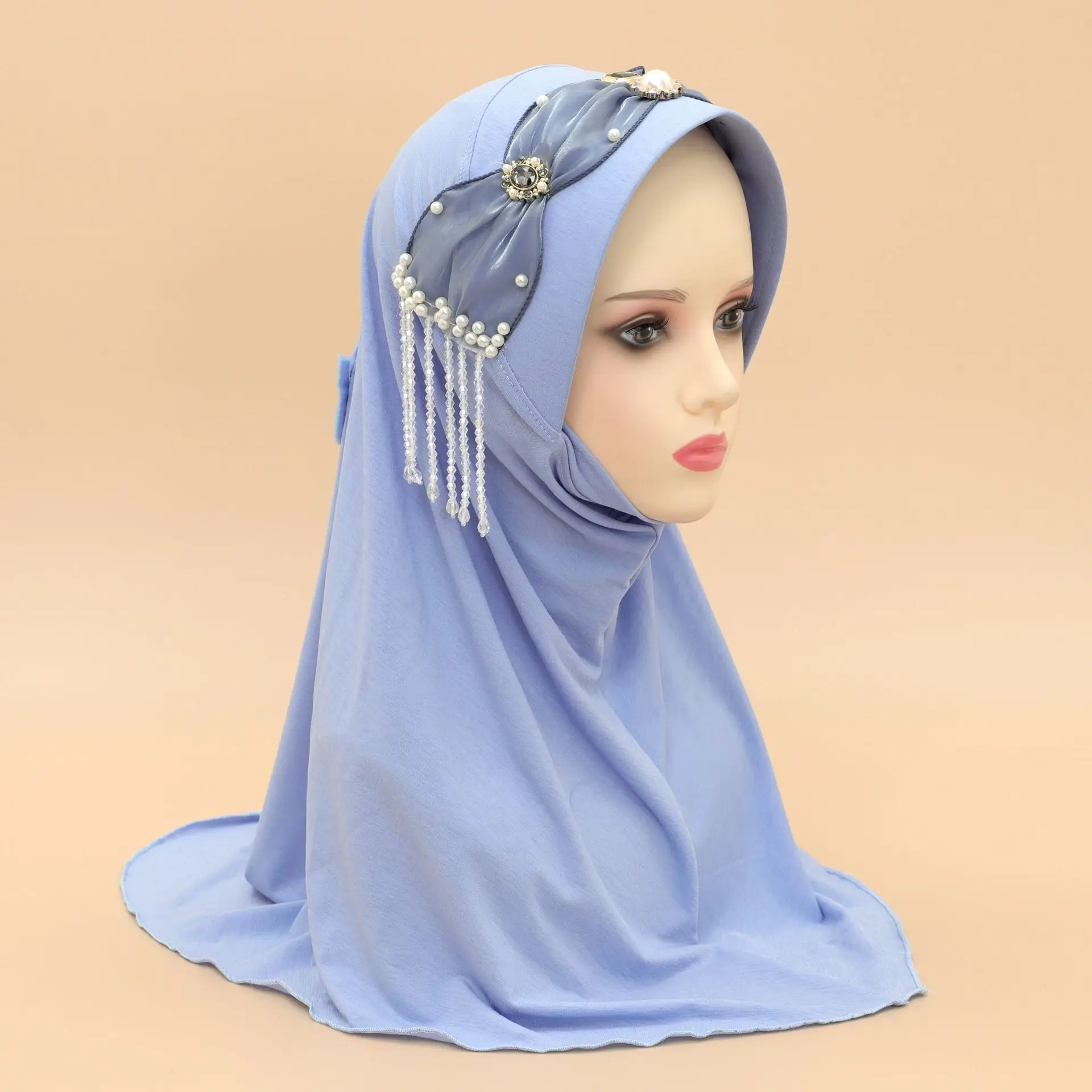 Foulard Instantané de Haute Qualité pour Femme Musulmane, Hijab Amira, Perles de Diamants, Pompon, Châle Rond, Prière de Mariage, Écharpe de Sauna