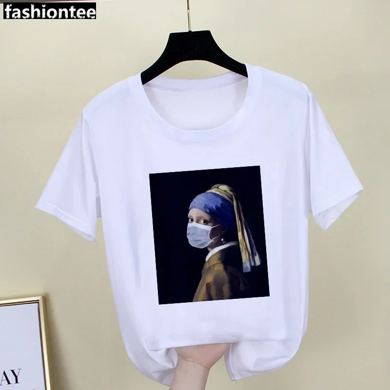 Parody Retro Oil Painting Print Ladies Simple Loose White Round Neck Short Sleeve T-shirt Women Clothing Graphic Tops Harajuku