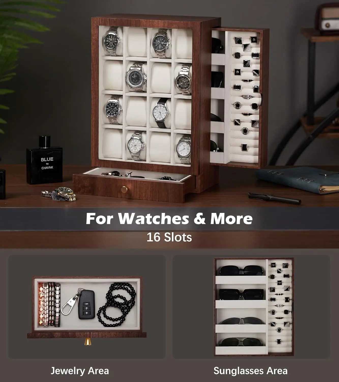 Watch Box Wooden Display: Large Wood Storage for Men's Nightstand - Timeless Home Organizer (L Size)