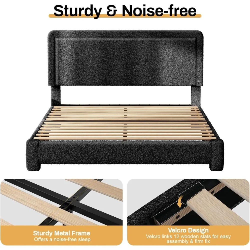 إطارات سرير معدنية مزدوجة مع لوح أمامي ولوح للقدمين، إطار سرير مزدوج مع ضوء LED، كريم أساس مرتبة مع مساحة تخزين تحت السرير/لا #6