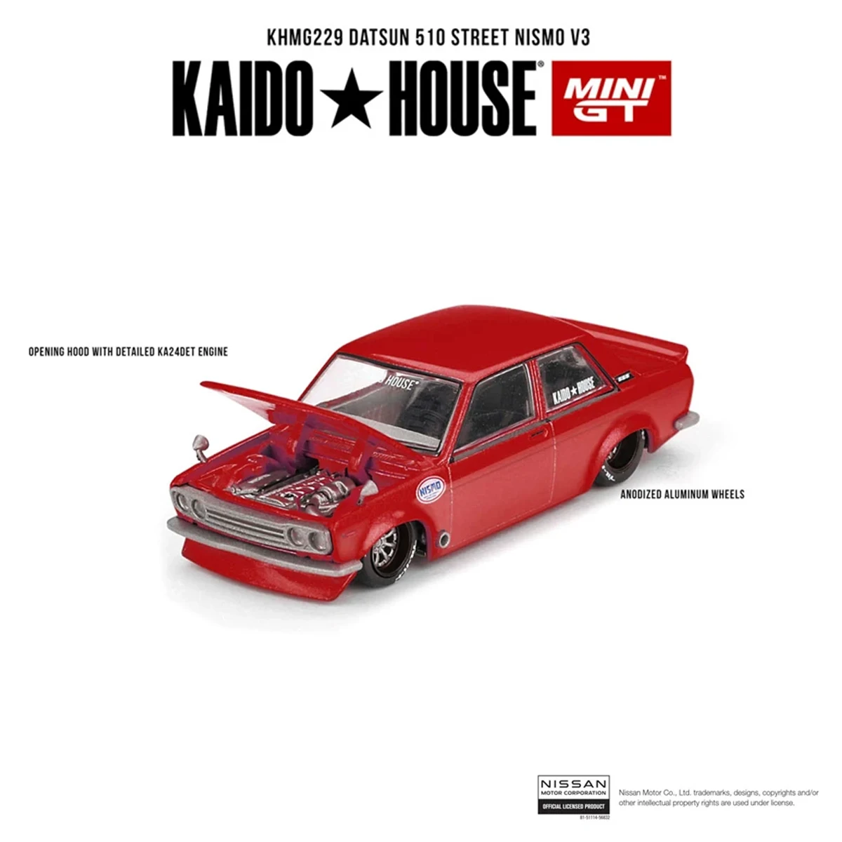 En Stock KAIDO HOUSE 1:64 Datsun 510 Street NISMO V3 Rojo con Capó Abierto, Motor KA24DET, Sedán JDM, Modelo de Auto a Escala KHMG229