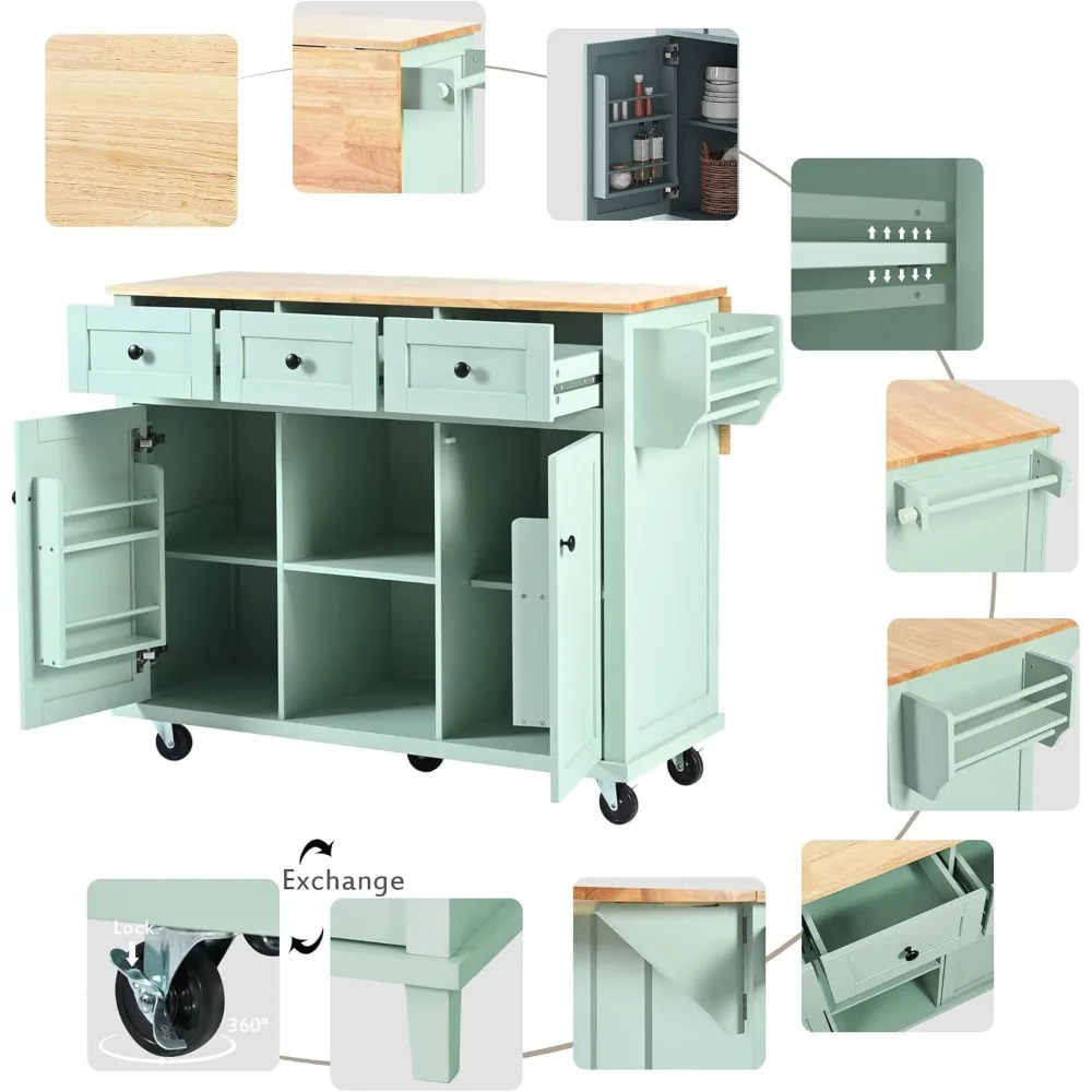 Kitchen Island Cart avec chute de bois en caoutchouc, dessus de seau en cuir chevelu, sur 5 roues avec armoire de rangement et 3 égouts de proximité pour salle à manger, vert menthe