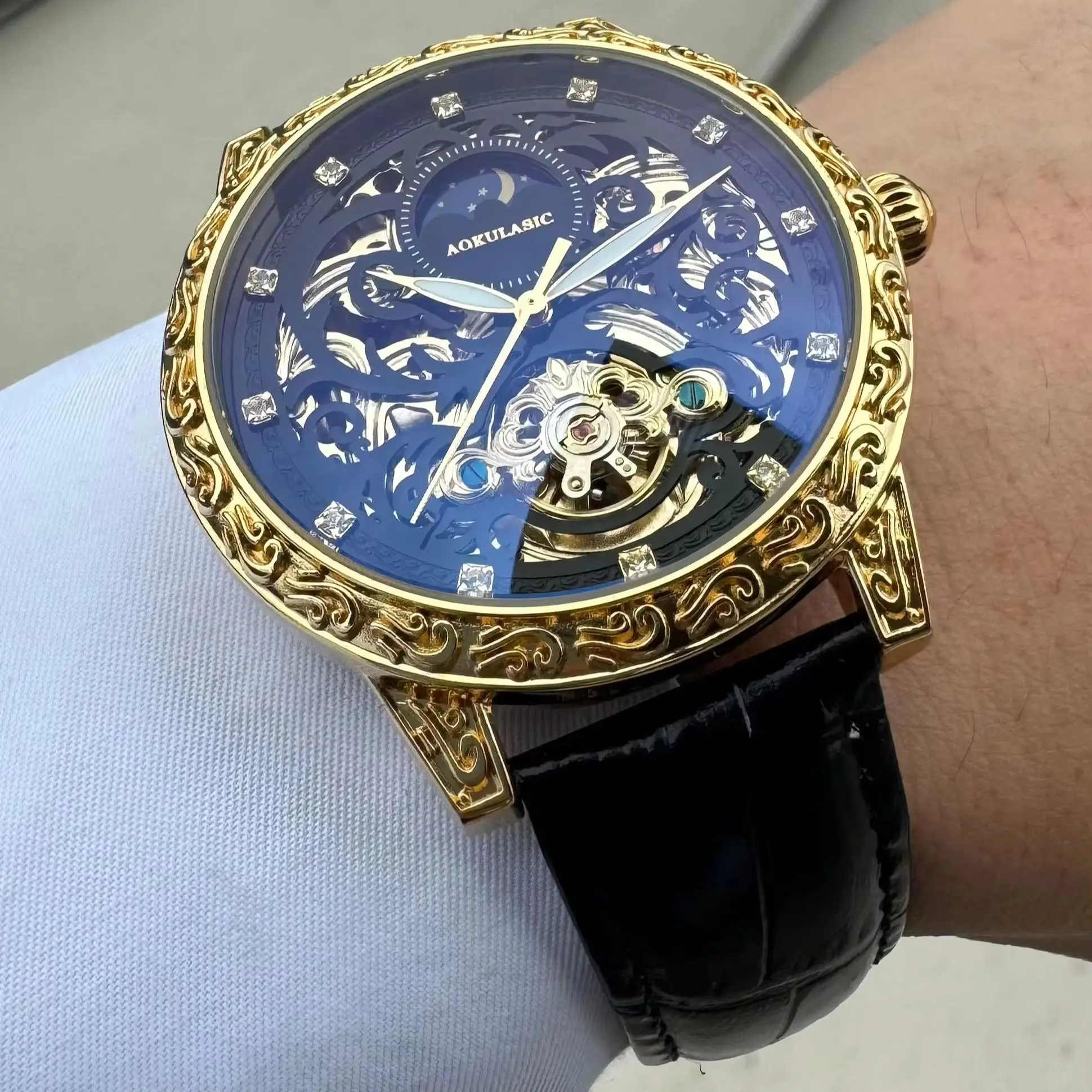 AOKULASIC Gold Engraved Automatic Mechanical Watch for Men Moon Phase Tourbillon Skeleton Watches Leather Strap Wristwatches New