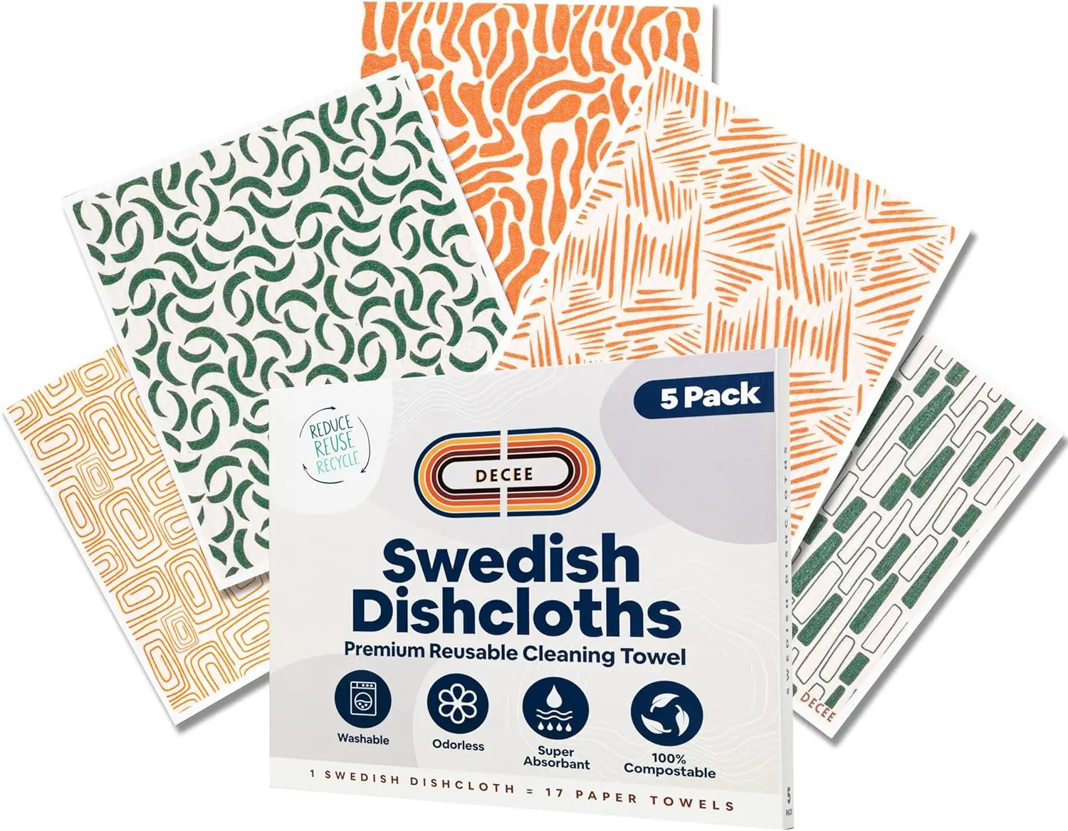 

Набор из 5 многоразовых шведских кухонных салфеток | Экологичные, впитывающие и моющиеся кухонные полотенца | Биоразлагаемые салфетки для уборки