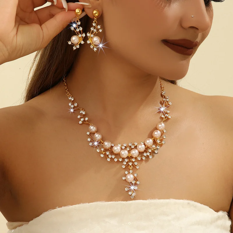 Western High Quality Faux Pearl Rhinestone Women Necklace Earrins for Brithday Bride