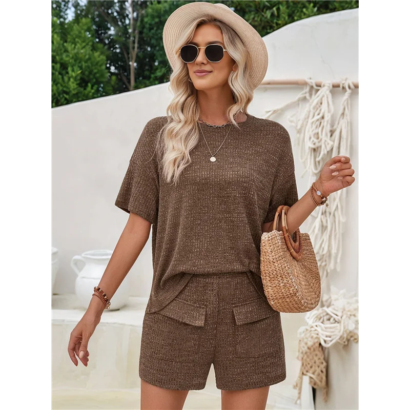 Abrt-shorts femininos combinando com bolsos de malha conjuntos outono em torno do pescoço 2 peças conjunto verão manga curta conjuntos lounge