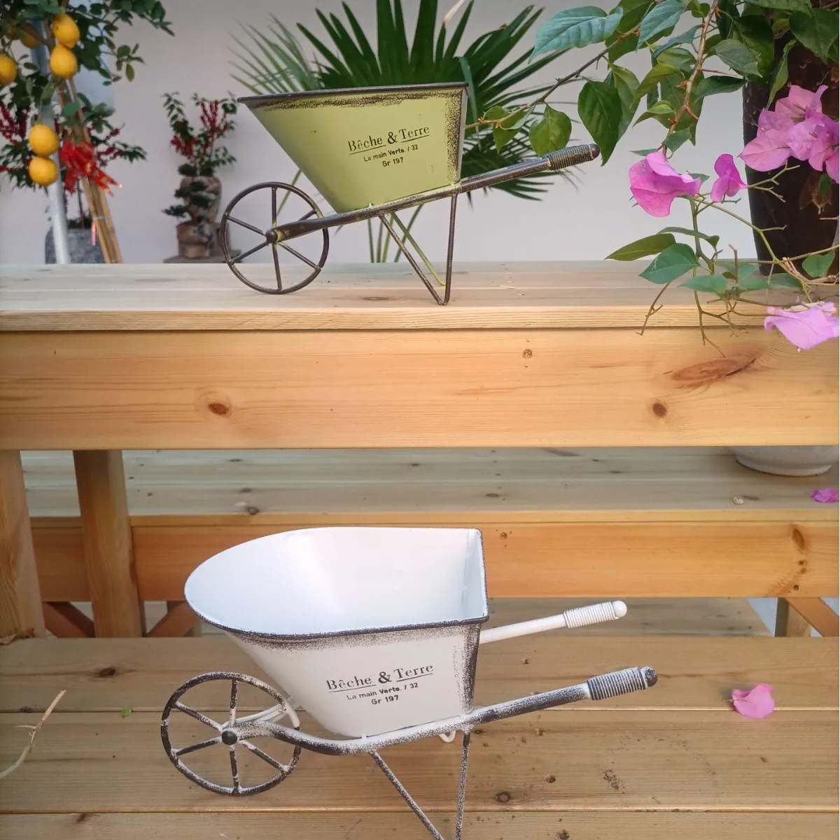 Vintage French Country Decorative Wheelbarrow Planter, Iron, Green, White