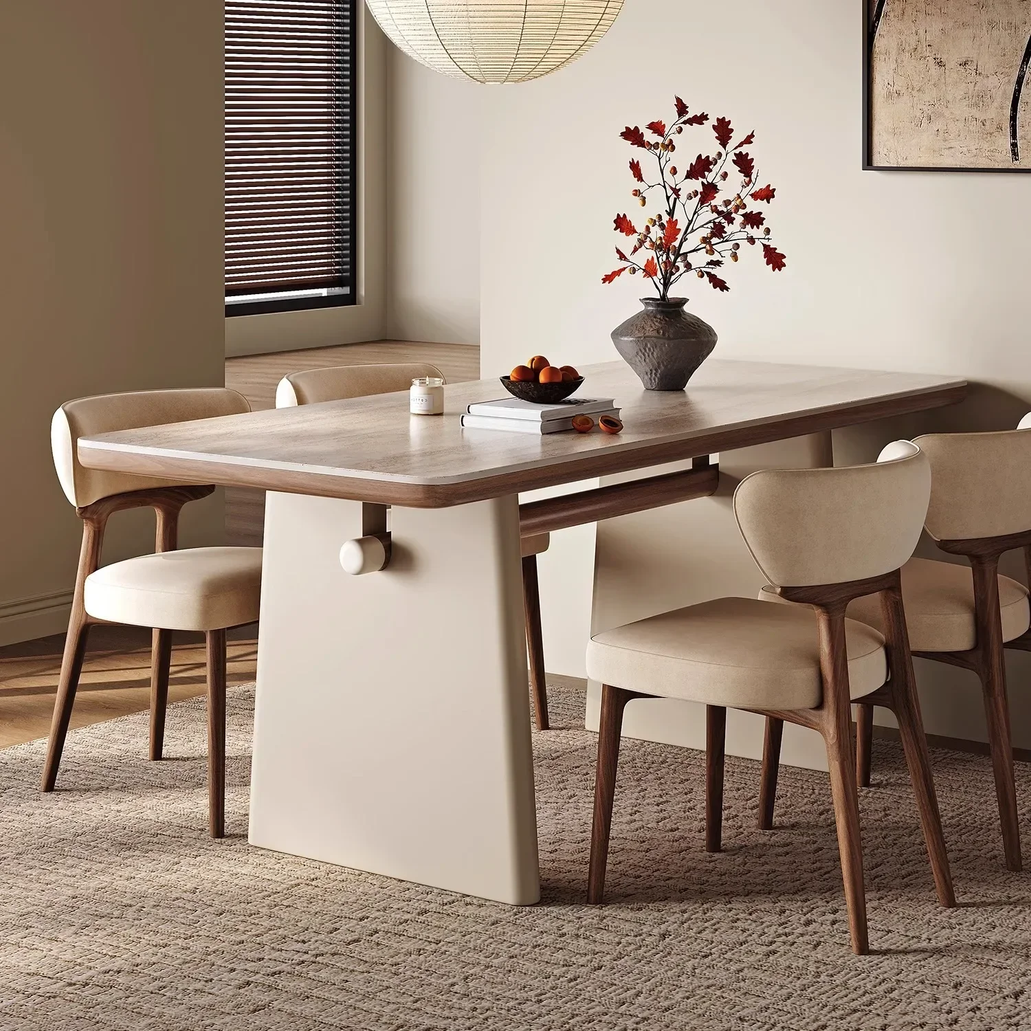 French Home Modern Simple Premium Light Cream Wind White Travertine Rock Slate Dining TableD21