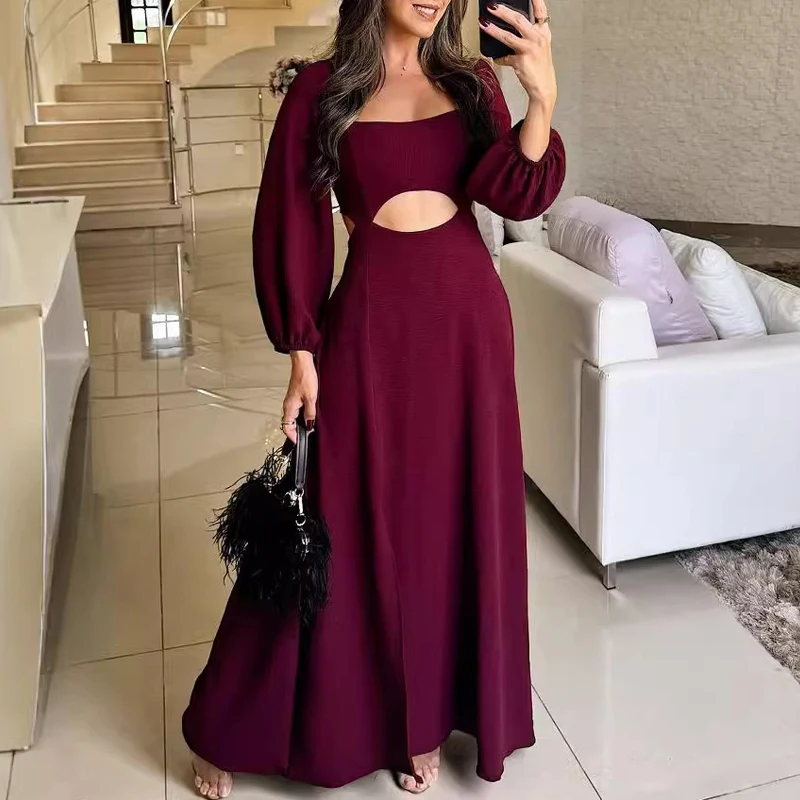 

Elegant Square Neck Hollow Split Long Dress Spring Autumn Long Sleeved Solid Color Banquet Dress Sexy Slim Pleated Party Dresses