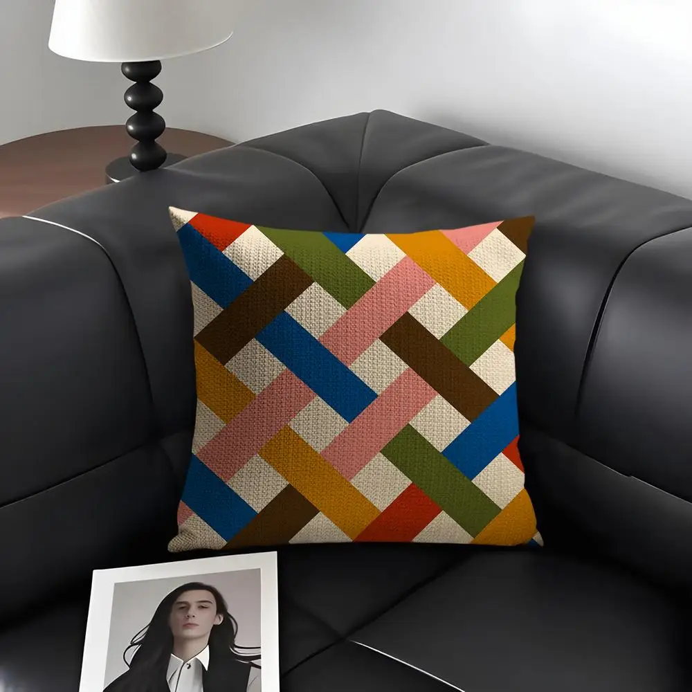Colorful Checkerboard Cushion Cover Natural Linen Organic Fabric Double-Sided Printing Breathable Perfect Gift For Decor