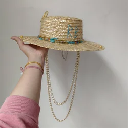 DIY New Straw Hat Punk Style Pearl Chain DIY Jazz Hat Sun Hat New Korean Letter Hat Beach Hat Men's and Women's Punk Hat Sun