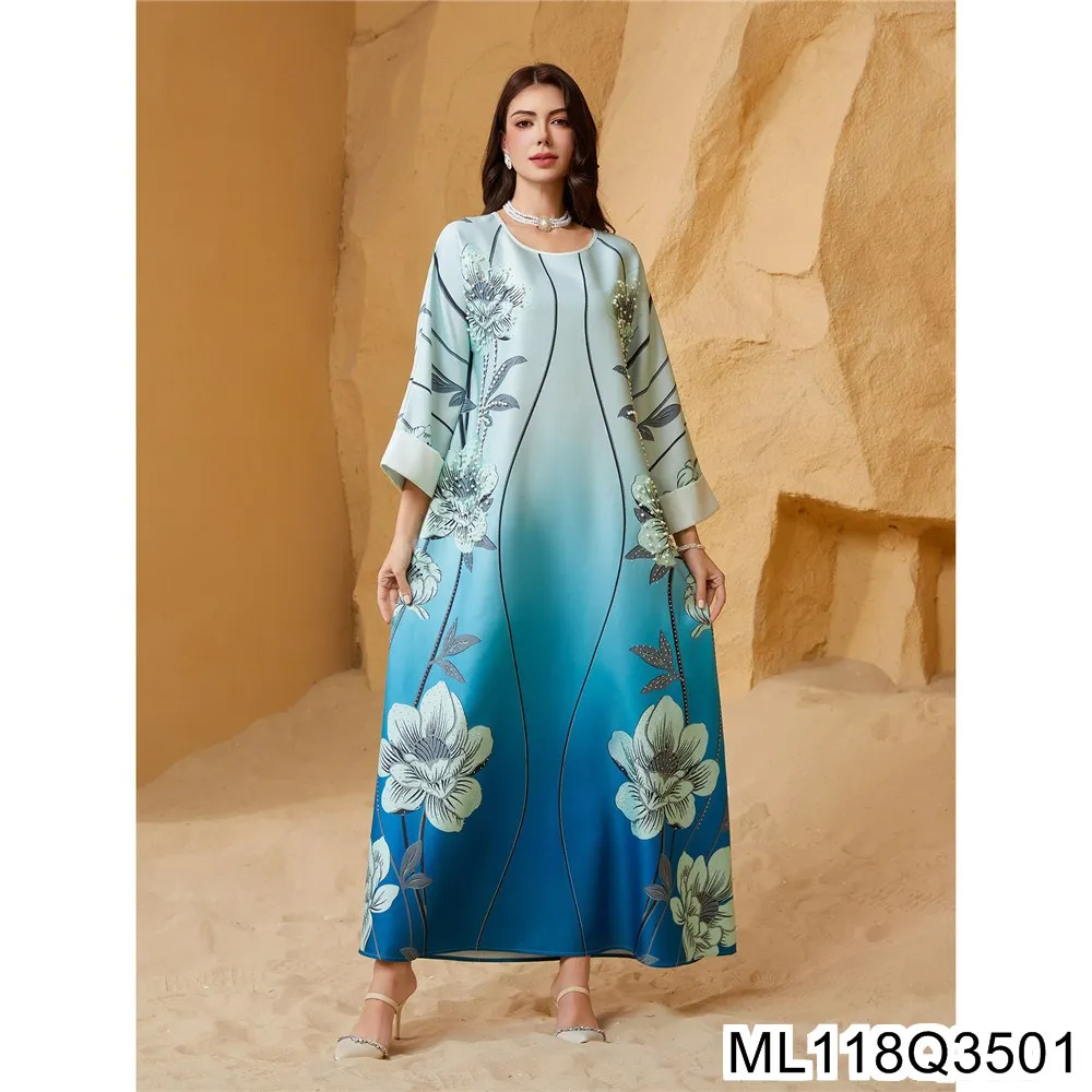 

2025 Новое мусульманское женское платье с круглым вырезом и принтом из бисера ML118Q35