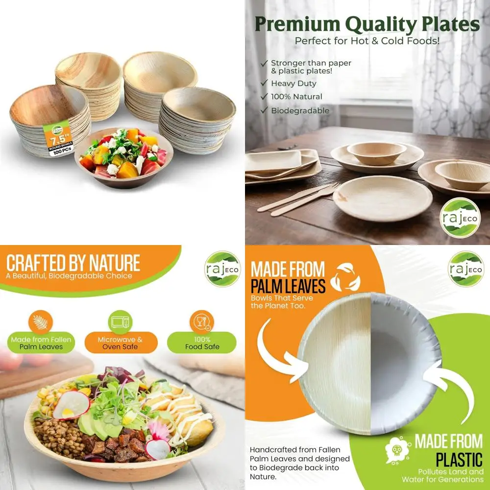 

Raj Unique Collection 7.5 Round Palm Leaf Bowls – 100 Pack | Eco-Friendly, Compostable & Biodegradable Disposable Bowls for Part