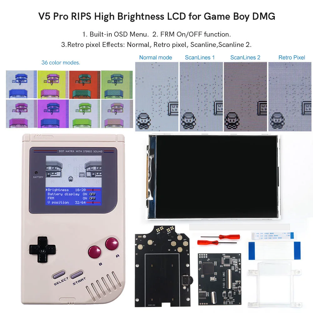 Pro V5 GBO IPS LCD Backlight Kits 36 cores Mod Tela de substituição para Game Boy GBO/DMG Habitação Shell