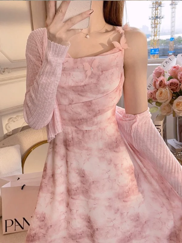 

French Romantic Retro Style Camisole Dress for Women Tie Dye Print Elegant A-Line High Waist Suspender Long Dress Vacation Dress