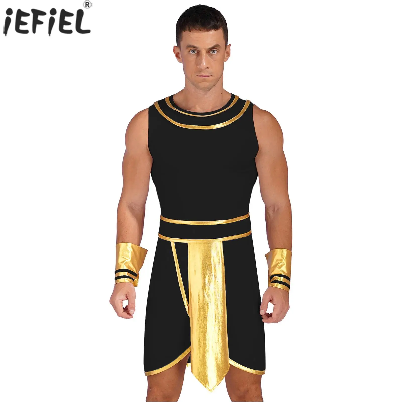 

Mens Ancient Egypt Warrior Role-PlayOutfit Adult Halloween Masquerade Party Costume Contrast Color Sleeveless Dress with Cuffs