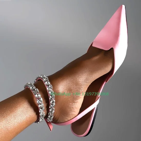 Lady Hot Pink Satin Pointed Toe Flat Sandals PVC Diamond Design Party Shoes Rhinestone Double-layer Buckle Shoes Footwear Size