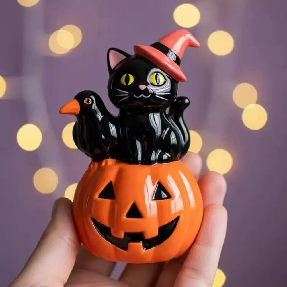 Halloween Props Halloween Cat Pumpkin Figurine Retro Black Cat Stacked Pumpkin Resin Decoration Vintage Halloween Table for Home