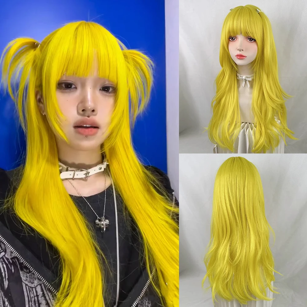 

Women Synthetic Yellow Fluffy Wigs with Bangs Long Straight Wavy Heat Resistant Wig for Daily Party Lolita Cosplay