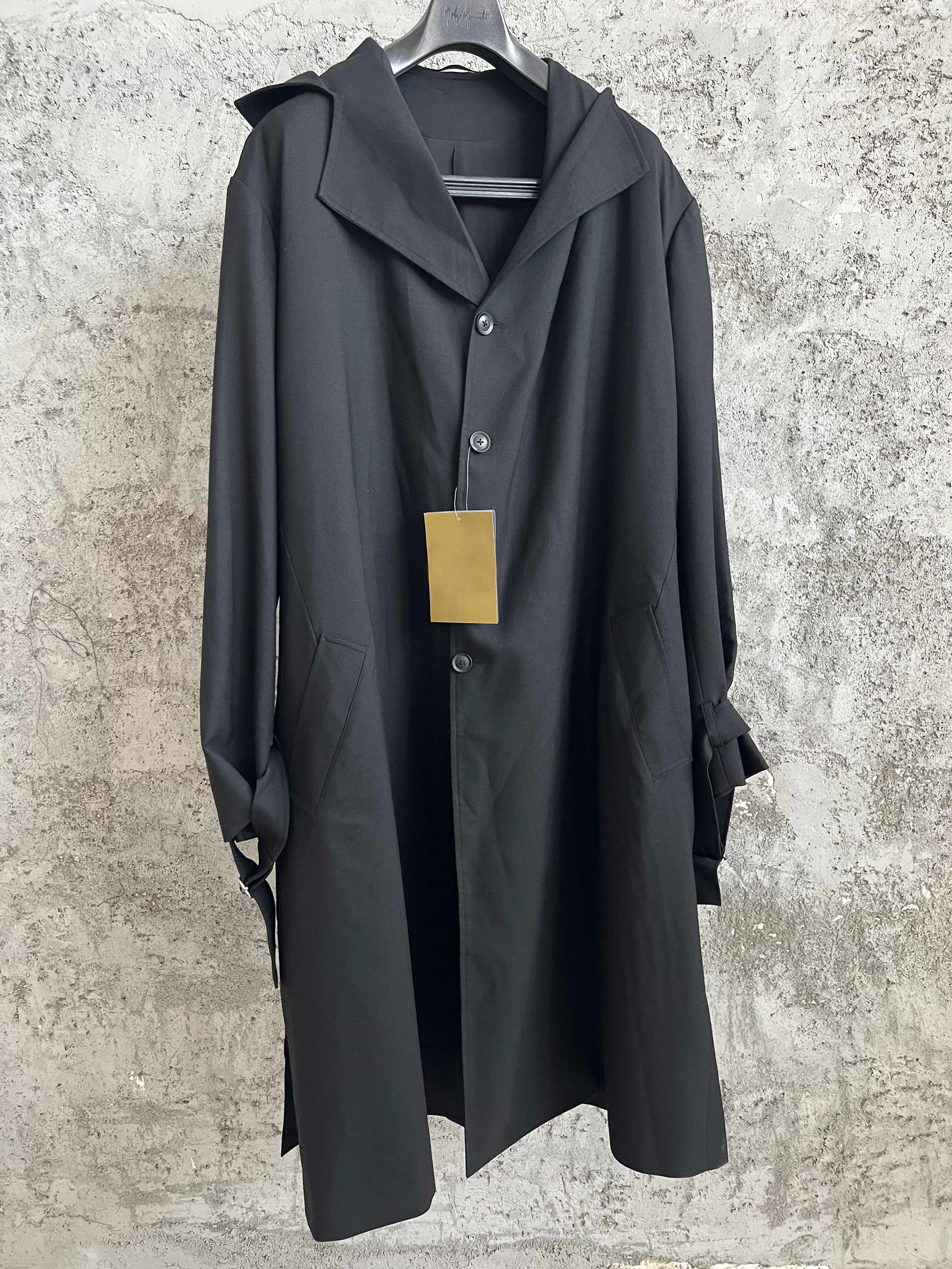 معطف متوسط الطول برباط بغطاء للرأس من TOP-YAMAMOTO، تصميم أصلي أسود، معطف كاجوال بخط رئيسي للرجال #1