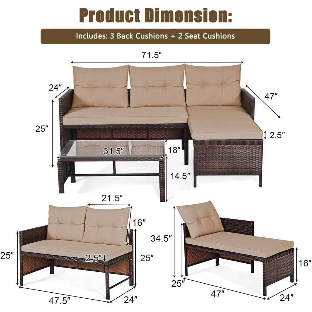 Terrassen-Ecksofagarnitur, 3-teilig, Outdoor-Rattan-Sofagarnitur, inklusive Lounge-Chaise, Loveseat und Couchtisch
