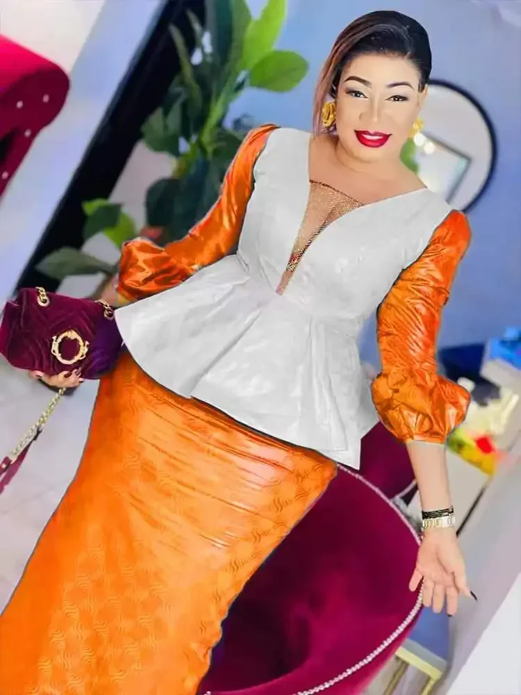 

Luxury 2-Piece African Evening Gown Set - Premium Handmade Bazin plus Size Custom Fit for Weddings And Special Occasions