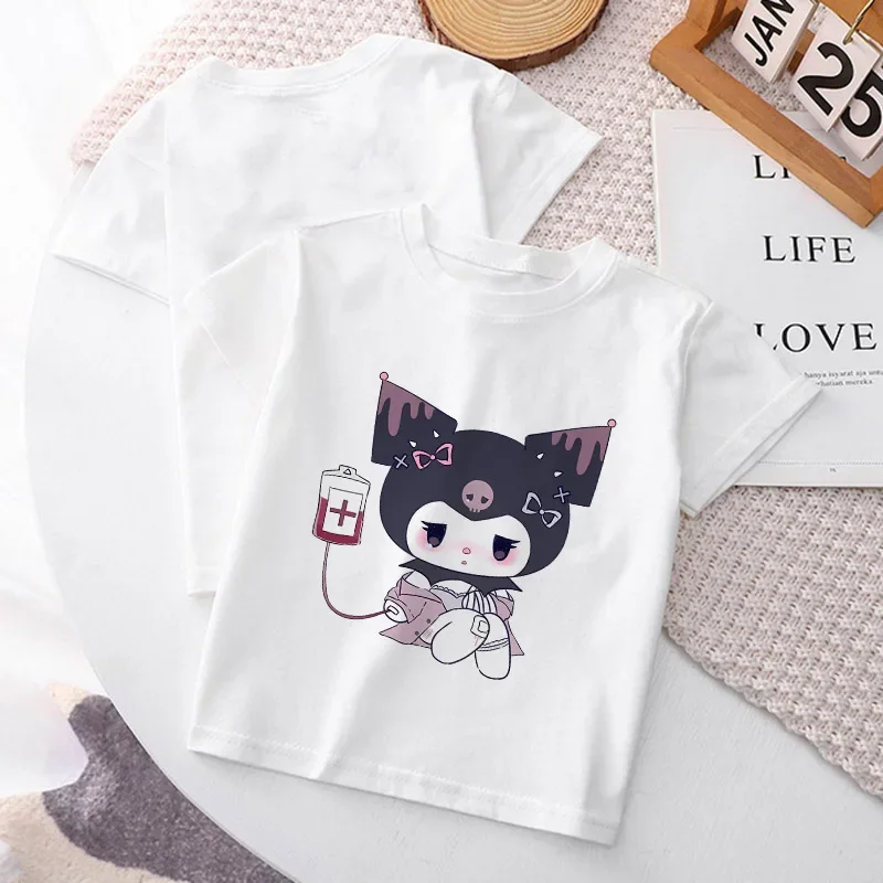 Kuromis Sadness Children T-shirt Y2k Kawaii Anime T Shirts Cinnamorolls Melodys Cartoons Casual Clothes Kid Girl Boy Tops