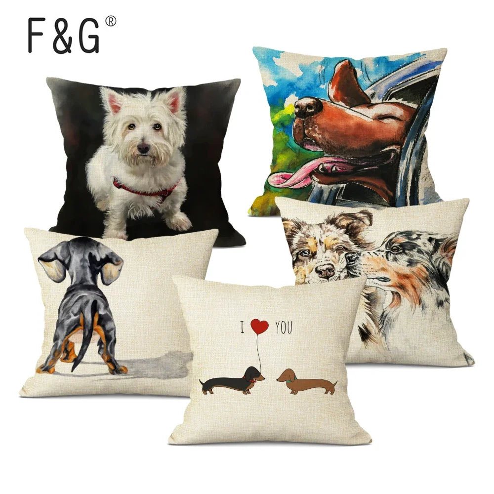 Cute Dog Printed Cushion Cover Bull Terrier Throw Pillow Case Dachshund Painted Pillowcase for Home Sofa Decor