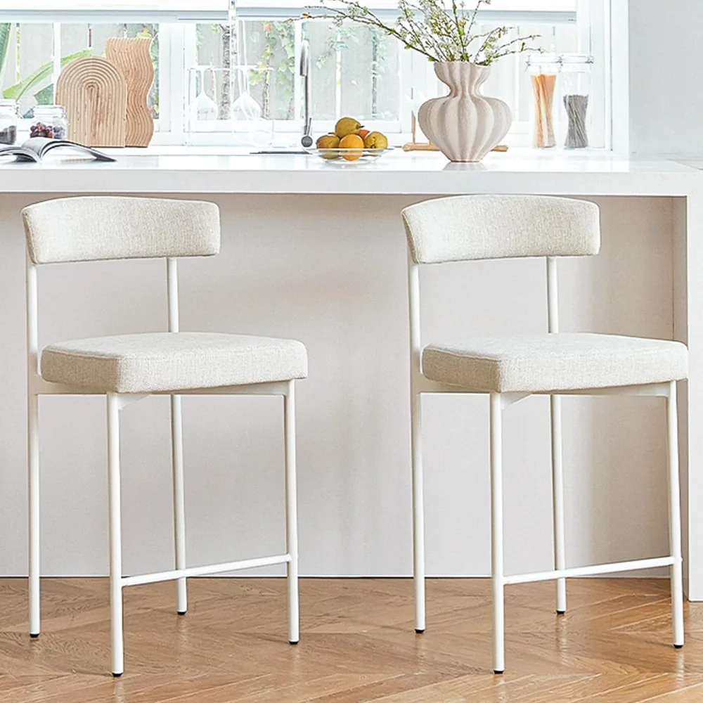 Kursi Bar Modern Krem Set 2, Kursi Konter 24 Inci dengan Sandaran Melengkung, Kursi Bar Tinggi Konter untuk Pulau Dapur