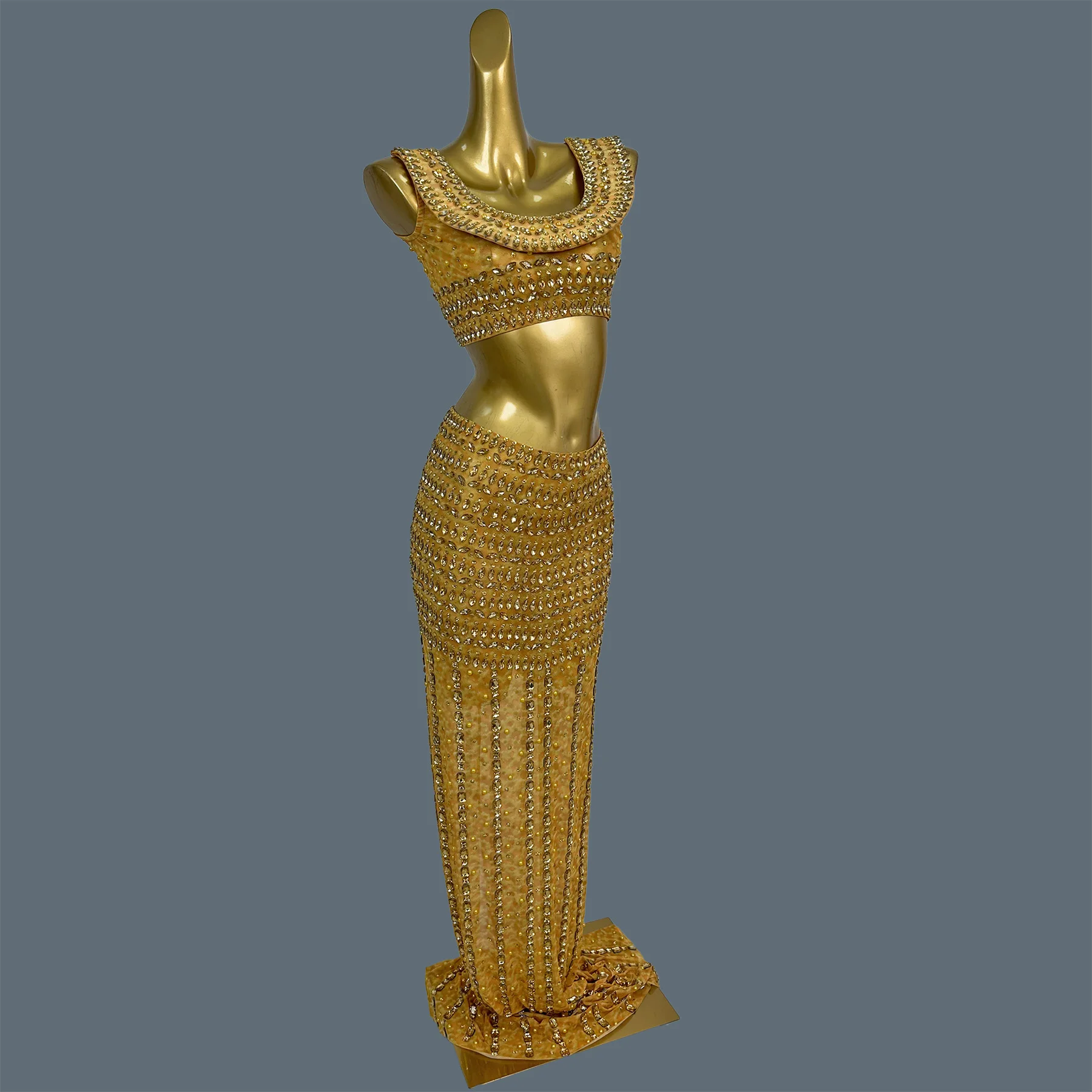 

Luxury Gala Prom Red Carpet Long Formal Dress Sexy Women High-end Sparkly Crystals Crop Tops Long Skirt 2Pieces Set Huangjinxian