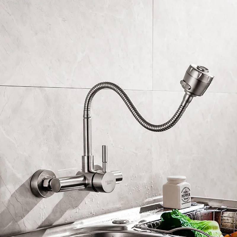 Wall Mounted Stainless Steel Wall Mounted Kitchen Faucet 360 Degree Swivel Flexible Hose Double Sink Mixer Tap for Kitchen