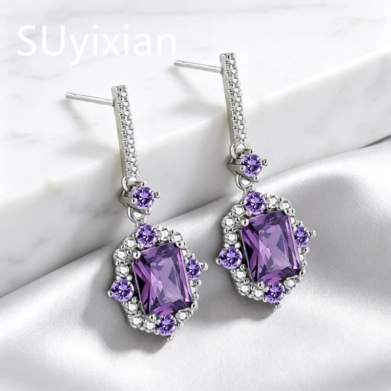925 Sterling Silver Light Luxury Fashion Purple Zircon Fringed Earrings Women's Exquisite High-end Jewelry Birthday Gift