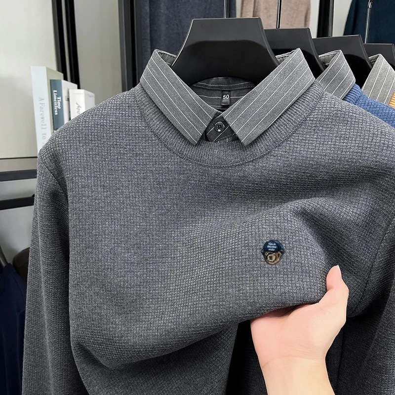 Men's Luxury Autumn Winter High-End False Two-Piece Shirt Collar Embroidery Knit Cartoon Pullover Fashion Leisure Men's Clothing