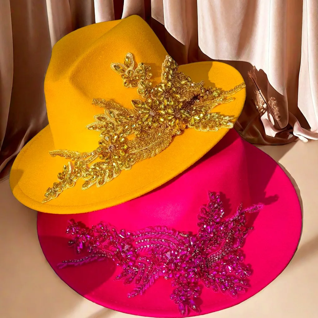 Róża DIY kapelusz kapelusz Fedora z haftem diamentowym jesień/zima wesele elegancki kapelusz podróży 56-58CM sombrero mujer