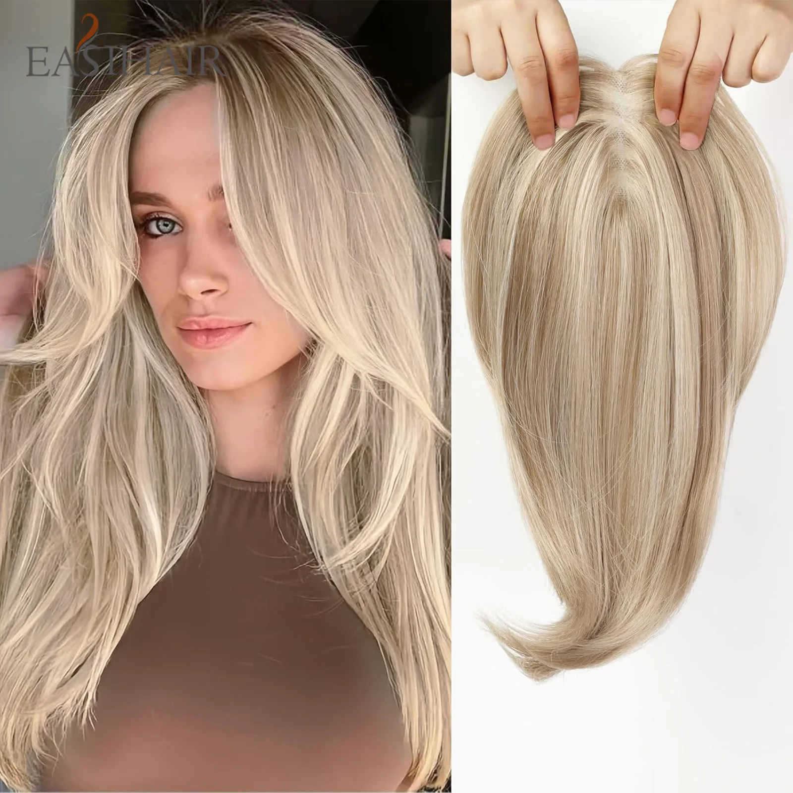 

18 Inch Light Honey Blonde & Bleach Blonde Hair Toppers With Curtain Bangs Synthetic Hair Toppers for Women Hand-Tied Swiss Base