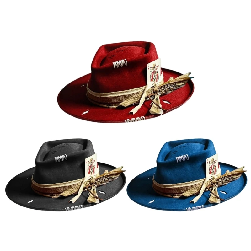 

F42F Distressed Hat for Masquerades Party Gentleman Hat Jazzs Hat with Belt Adult Concert Hat Blues Dancing Hat Headpieces