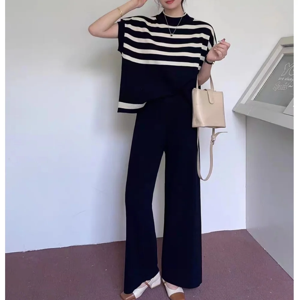 2024 New Elegant 2-piece Sets For Women Sweater Casual Pullovers Suits Knitted Loose Striped Sleeveless Tops Wide Leg Pants Sets