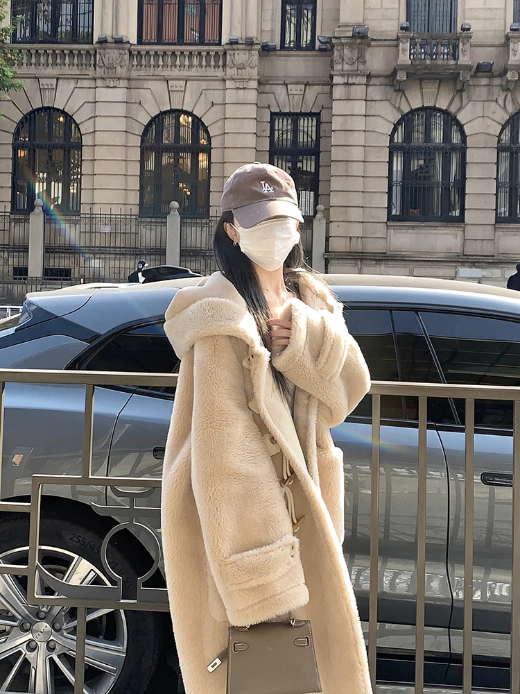 

Теплое шерстяное длинное пальто с капюшоном, интегрированной кожаной и меховой отделкой, на пуговицах, модное для молодых женщин, утепленное зимнее пальто