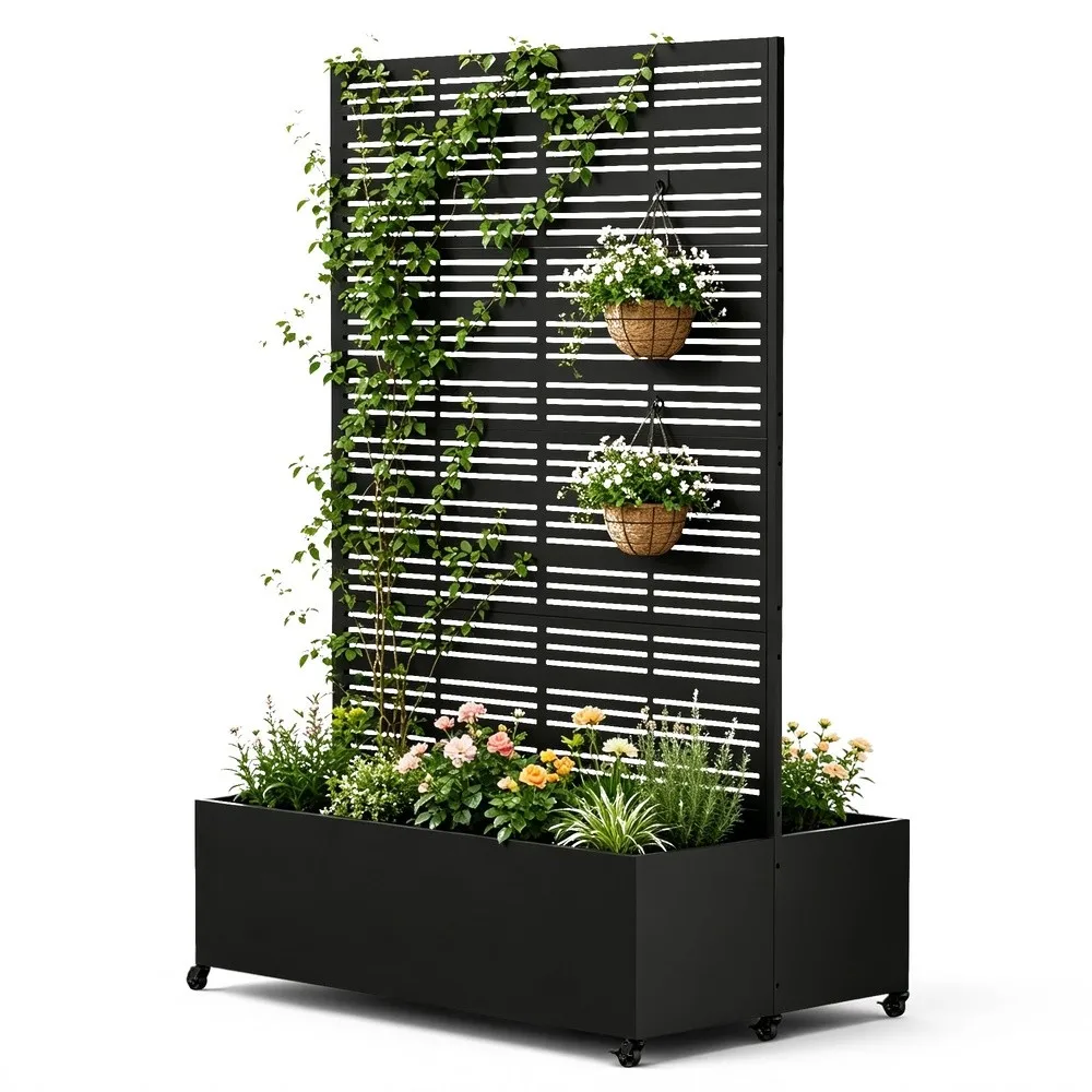 Double Metal Planter Box with Trellis Privacy Screen Raised Garden Bed with Trellis & Wheels Privacy Planters for Patio