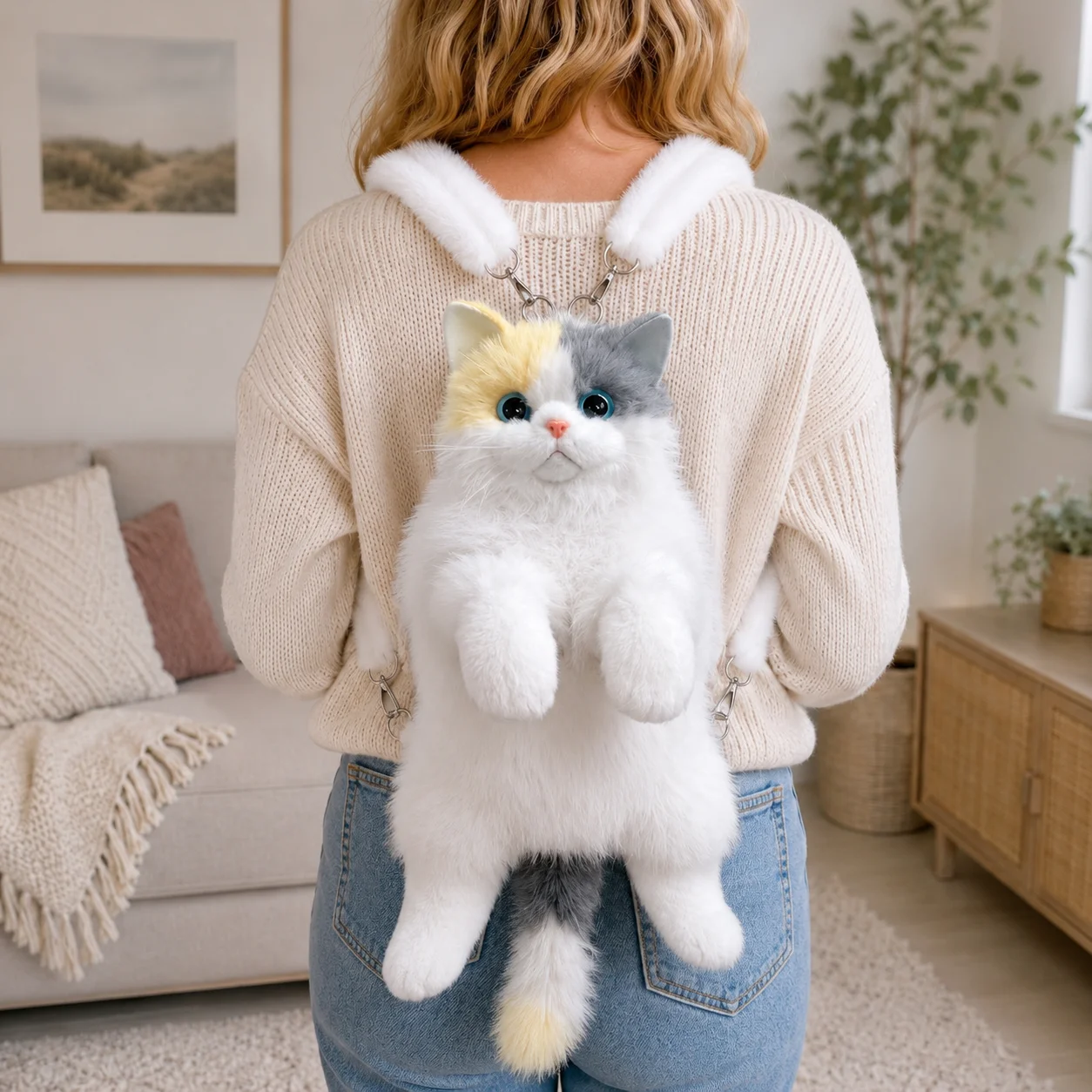 Niedlicher Katzen-Rucksack für Mädchen, Kawaii Plüschtasche, Weiche Tier-Umhängetasche für Schule, Reisen & Tägliches Outfit