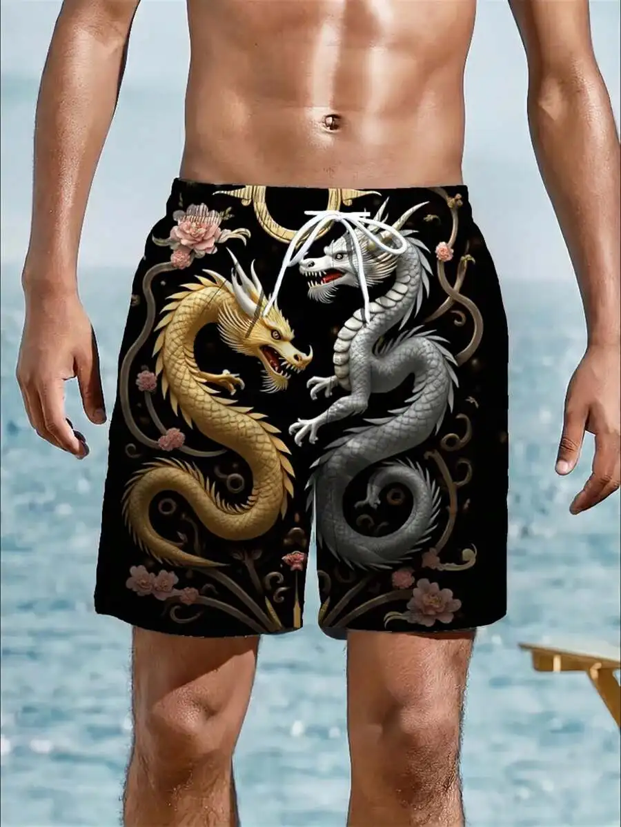 

Mens Lightweight Beach Shorts With Dragon Print And Drawstring Waist For Summer Poolside