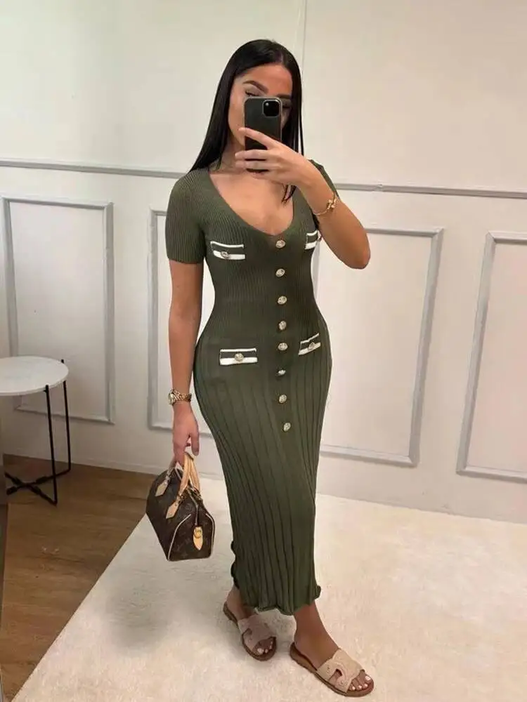 Office Lady Elegant Knitted Long Dress Short Sleelve V Neck Single Breasted Bodycon Dresses Women Party Fashion Vestidos 0WGX