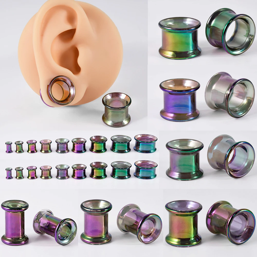 PAIR Glass Colorful Round Hollow Ear Tunnels Plugs Expander Stretcher Gauge Body Piercing Body Jewelry For Man Woman 6-25MM