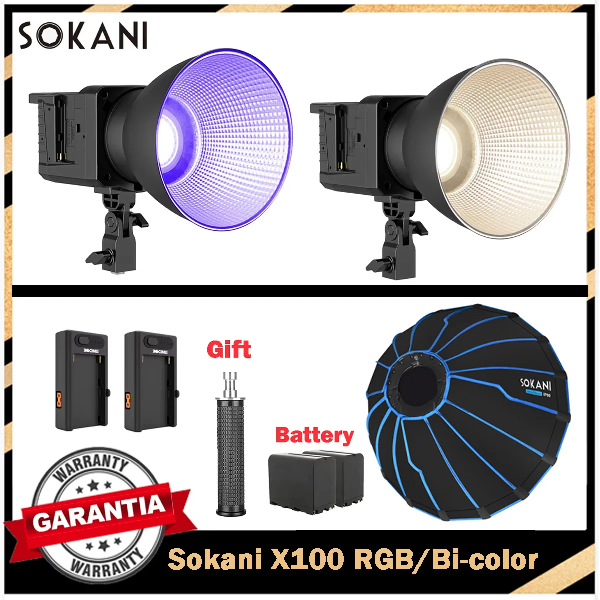 Sokani X100 RGB Bi-color Kit de luz LED Bicolor X100 RGB, Control por aplicación de 100W, montaje Bowens para fotografía, grabac