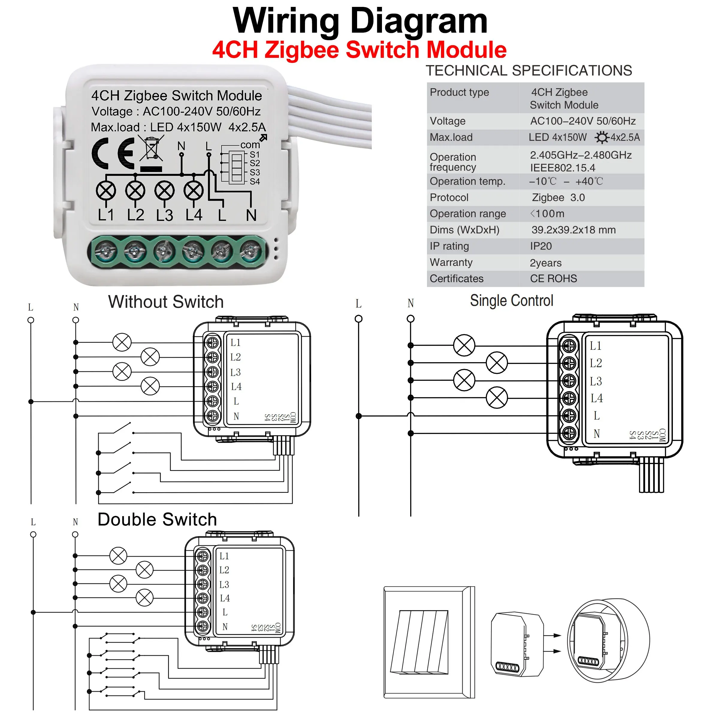 GIRIER Tuya ZigBee 3.0 Switch Module 10A Smart Home DIY Breaker 1 2 3 4 Gang Supports 2 Way Control Works with Alexa Google Home