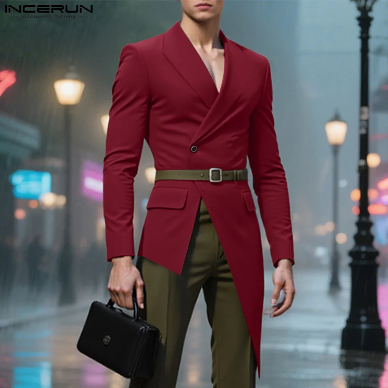 

INCERUN Men Irregular Blazer Solid Color Lapel Long Sleeve Long Style Suit Men Streetwear Autumn 2025 Fashion Casual Thin Coats